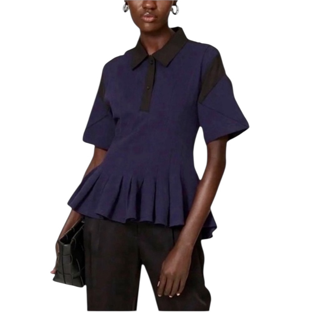 Koche Collective Pleated Peplum Collar Navy Blue Black Short Sleeve Stretchy top